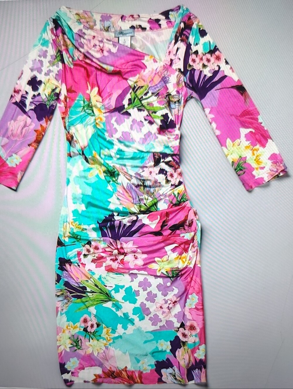 Blumarine Floral Mix Ruched Bodycon Stretchy Dress Pink & Aqua Sz 12 (IT48 -XL)